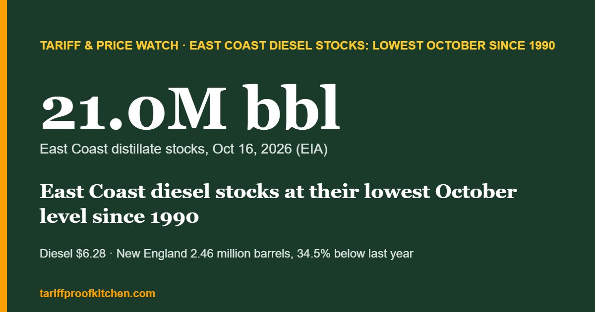 Chart card showing East Coast distillate stocks at 21.0 million barrels on October 16, 2026, the lowest October reading since 1990, with diesel at $6.28.