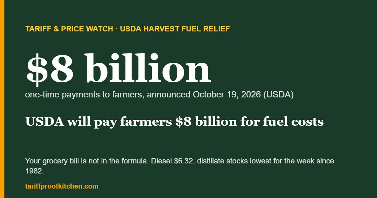 USDA's $8 billion Harvest Fuel Relief program announced October 19, 2026, with diesel at $6.32 and distillate stocks at their lowest for the week since 1982.